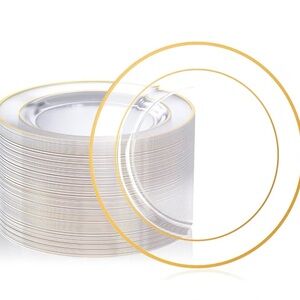 83 FOCUSLINE 10 Inch Clear and Gold Heavy Duty Plastic Plates, New